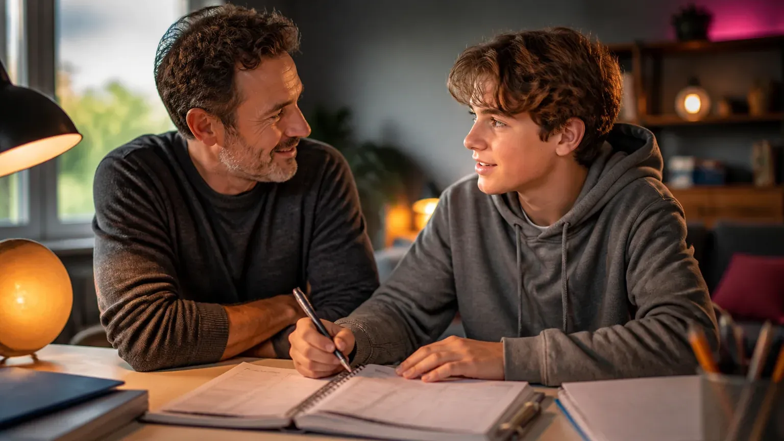 Parent et adolescent de 3e échangeant calmement autour d un agenda et de cahiers.