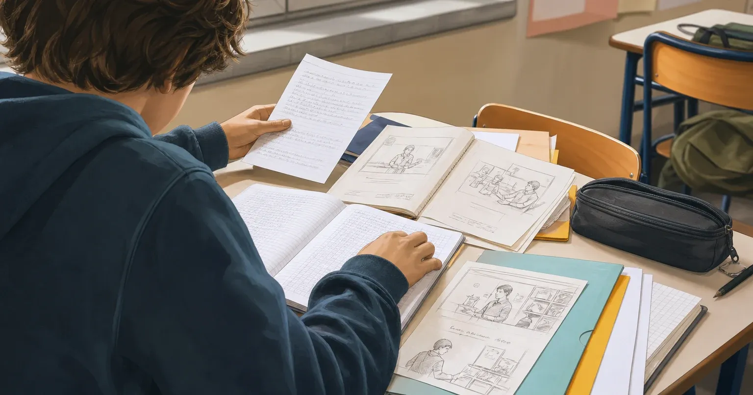 Élève de collège organisant ses notes pour rédiger son rapport de stage
