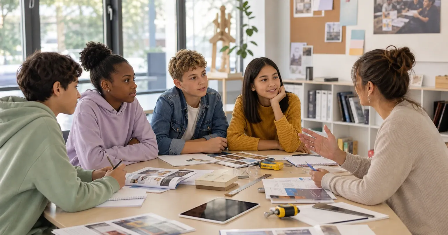 Élèves de 3e échangeant sur leur orientation professionnelle avec une enseignante