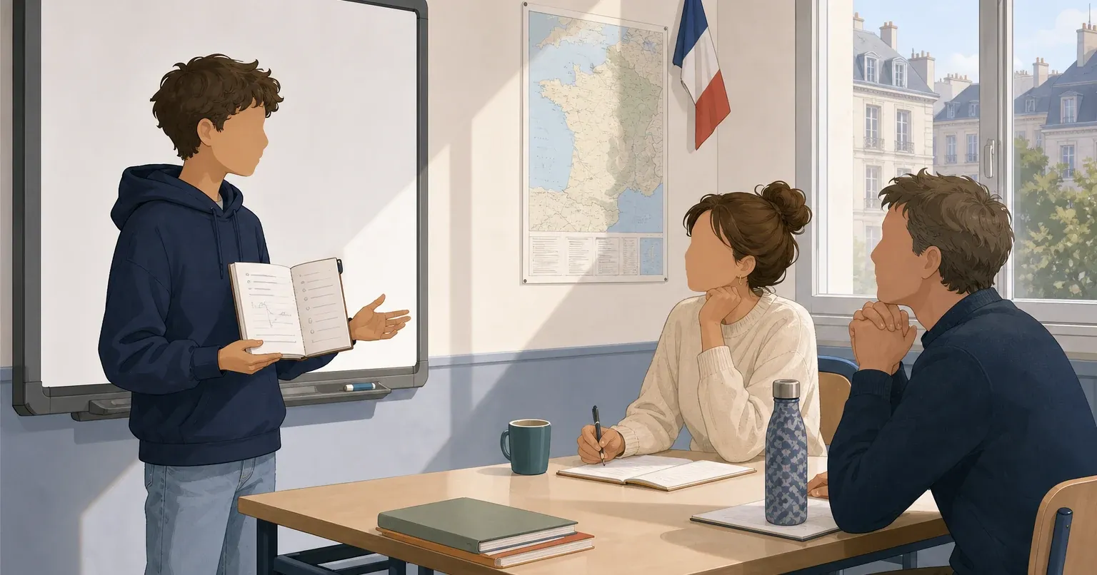 Élève de collège répétant son oral devant deux enseignants