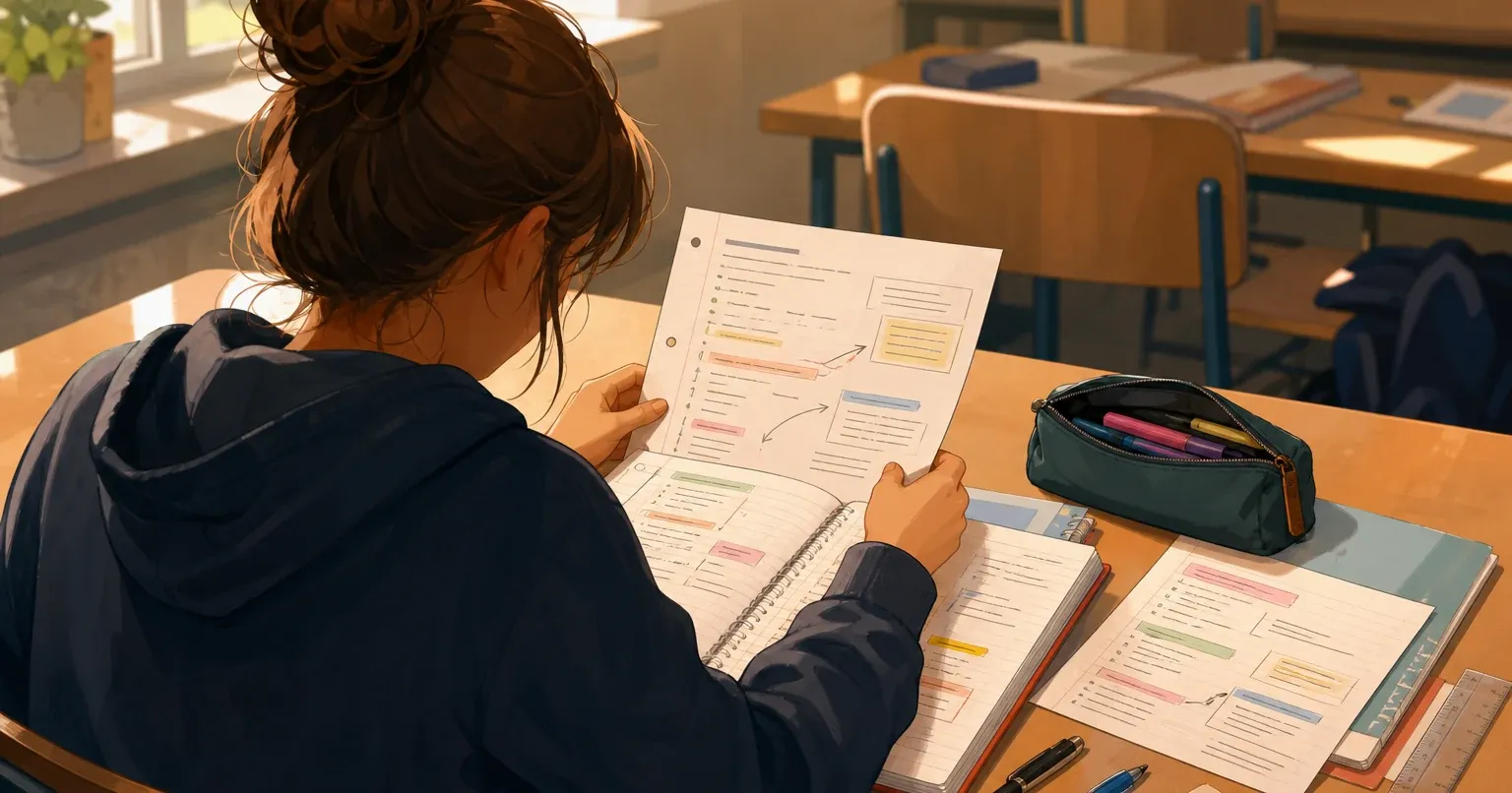 Élève de 3e organisant ses notes dans un cahier