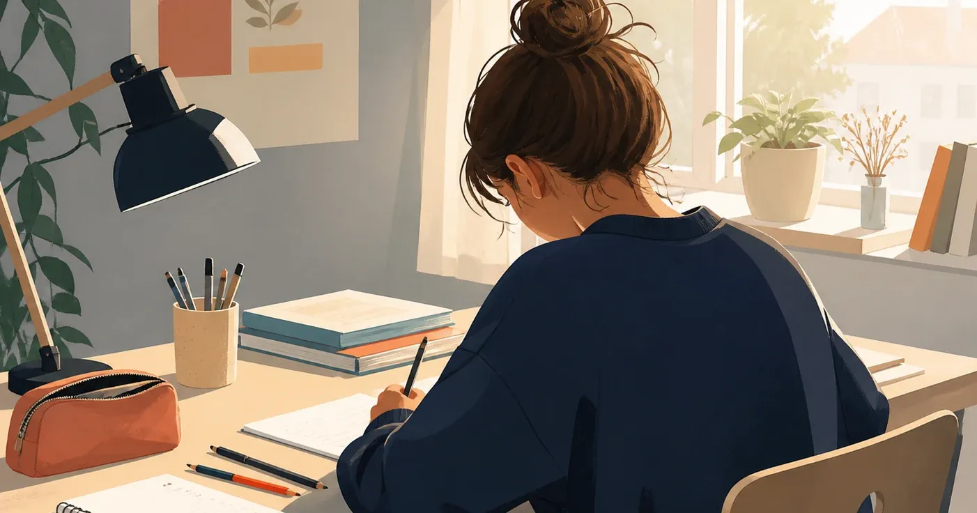 Élève de collège préparant calmement ses affaires avant une épreuve