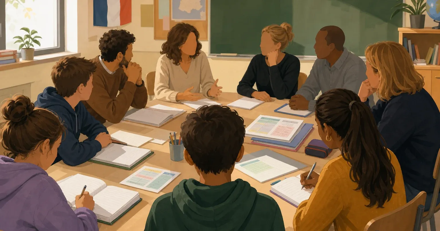 Réunion de conseil de classe avec enseignants, parents et délégués élèves