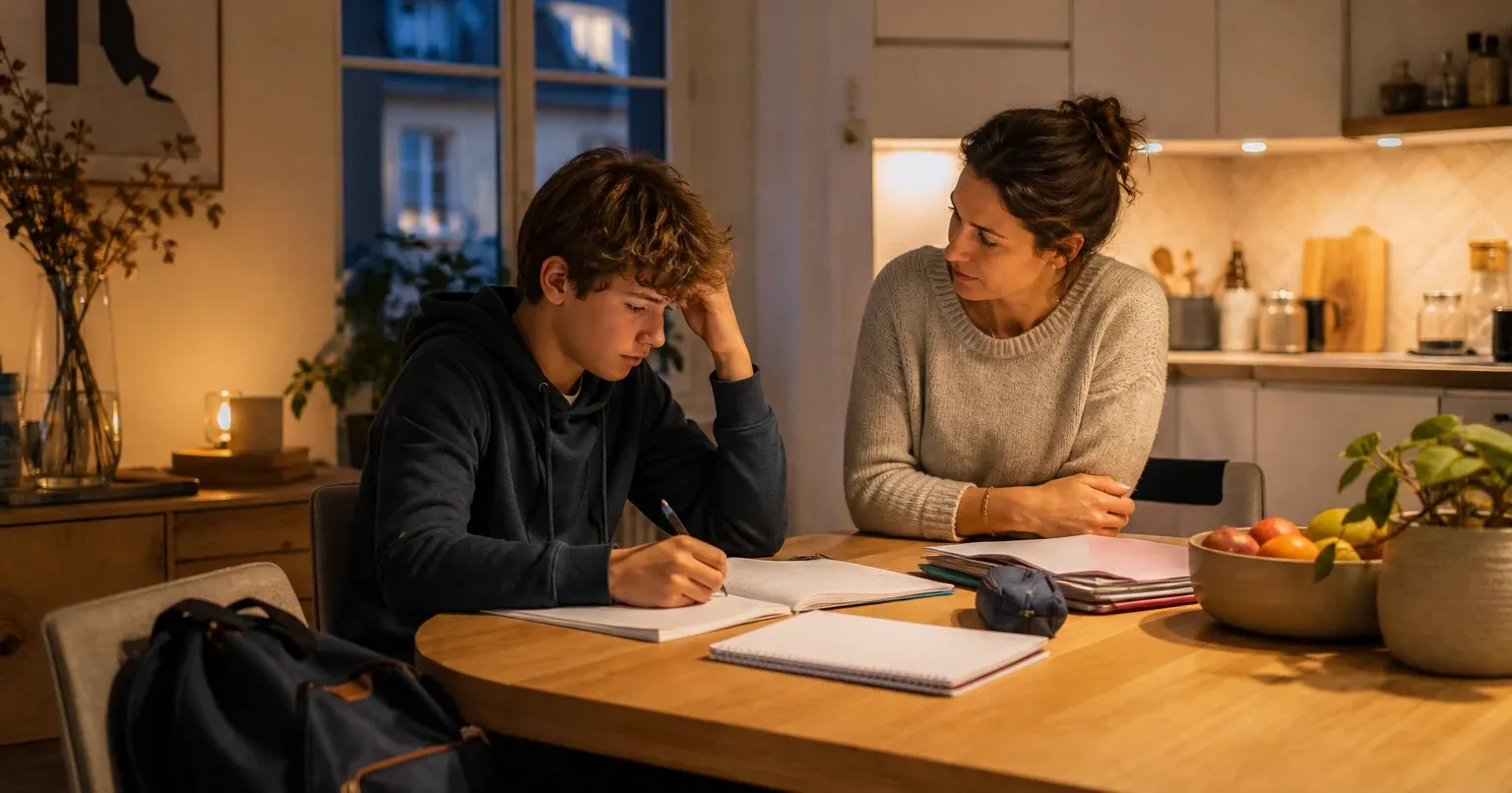 Parent écoute calmement un élève de 3e devant ses cahiers