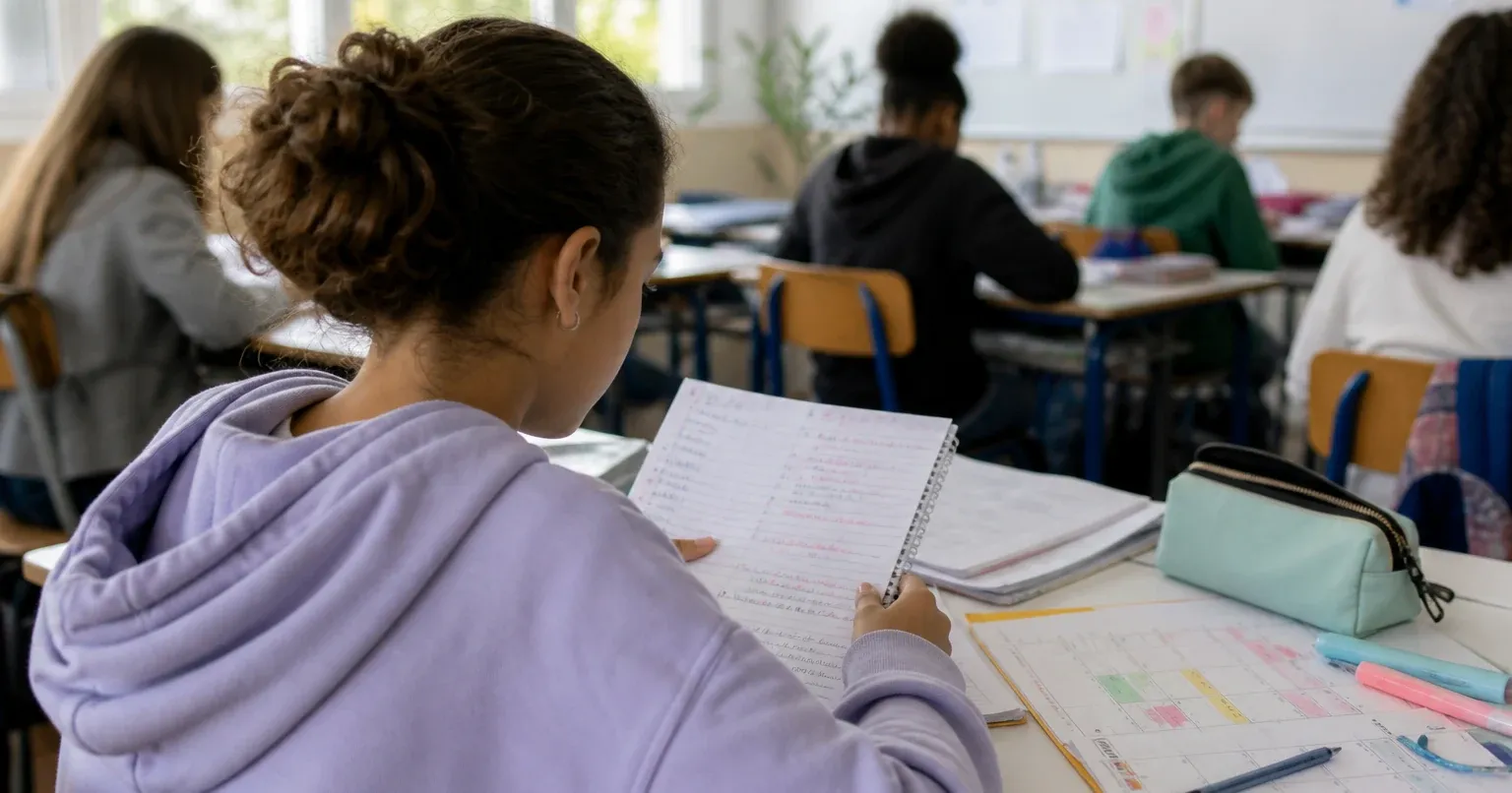Élève de troisième organisant ses devoirs et corrections sur son bureau