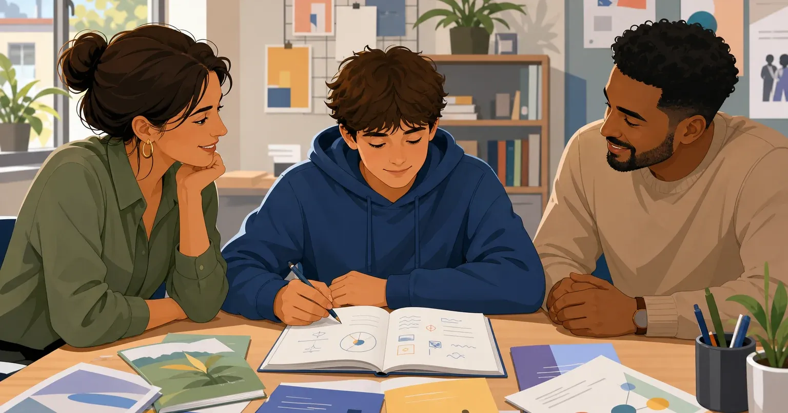 Élève et parent réfléchissant ensemble aux choix d'orientation après la troisième