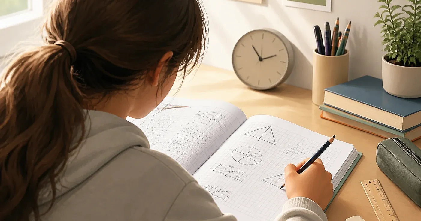 Élève de collège révisant des exercices de mathématiques avec méthode