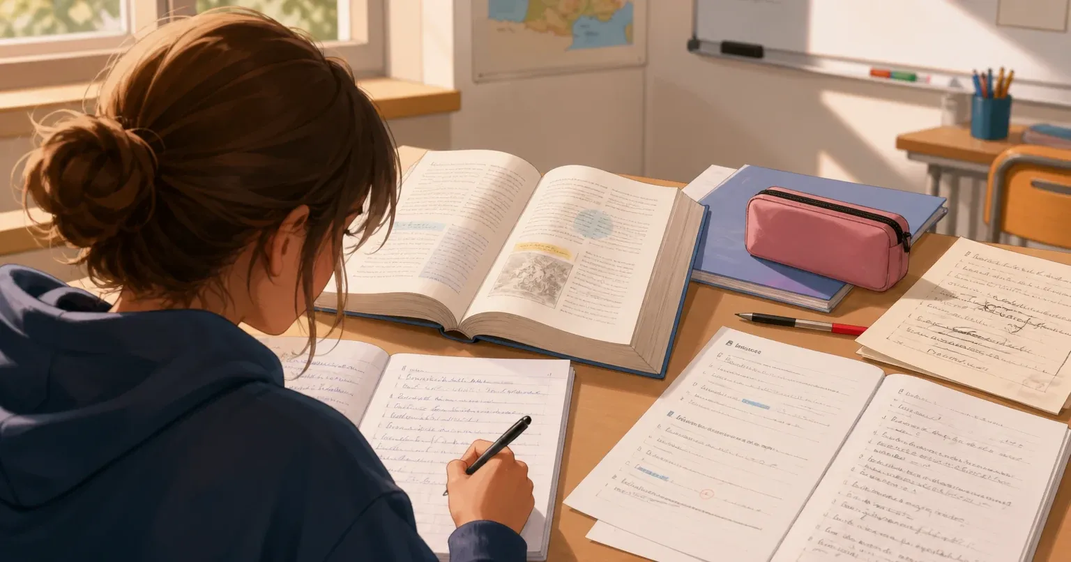 Élève de troisième révisant compréhension, dictée et rédaction sur son bureau