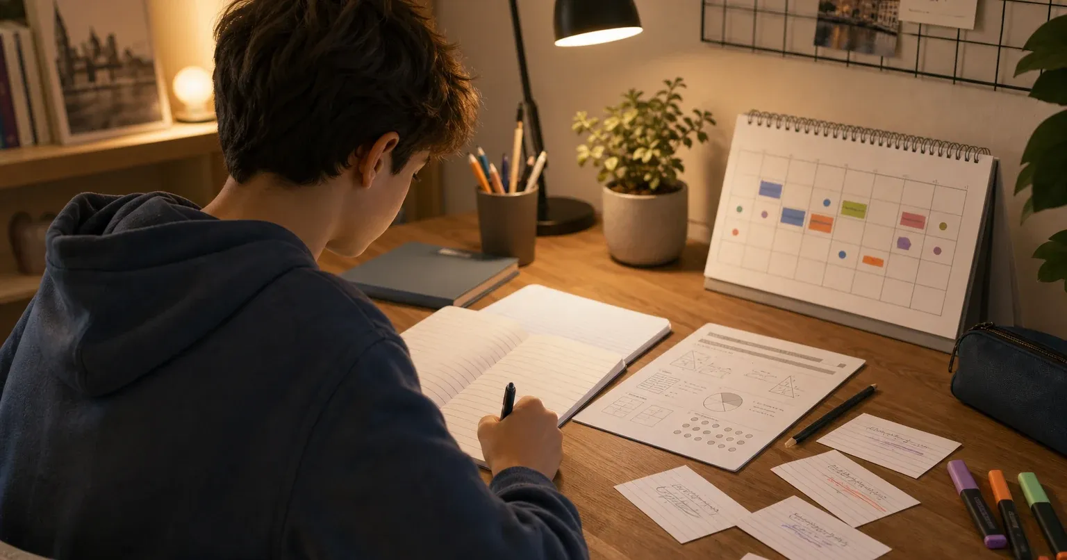 Élève de 3e se testant avec son cours d'histoire et de maths