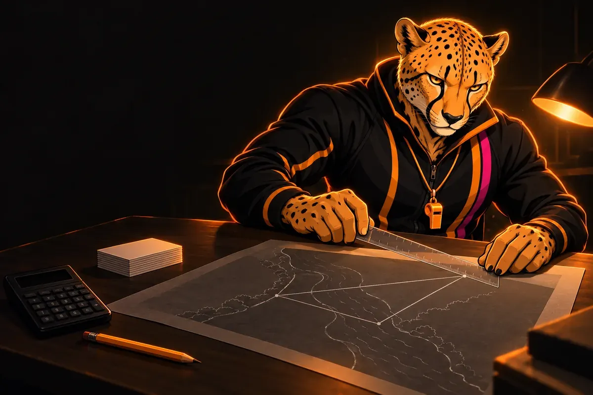 Coach Vince, la mascotte du QG 3e, pose une règle transparente sur un plan où deux triangles sont tracés de part et d’autre d’une rivière, près d’une calculatrice et d’un paquet de cartes