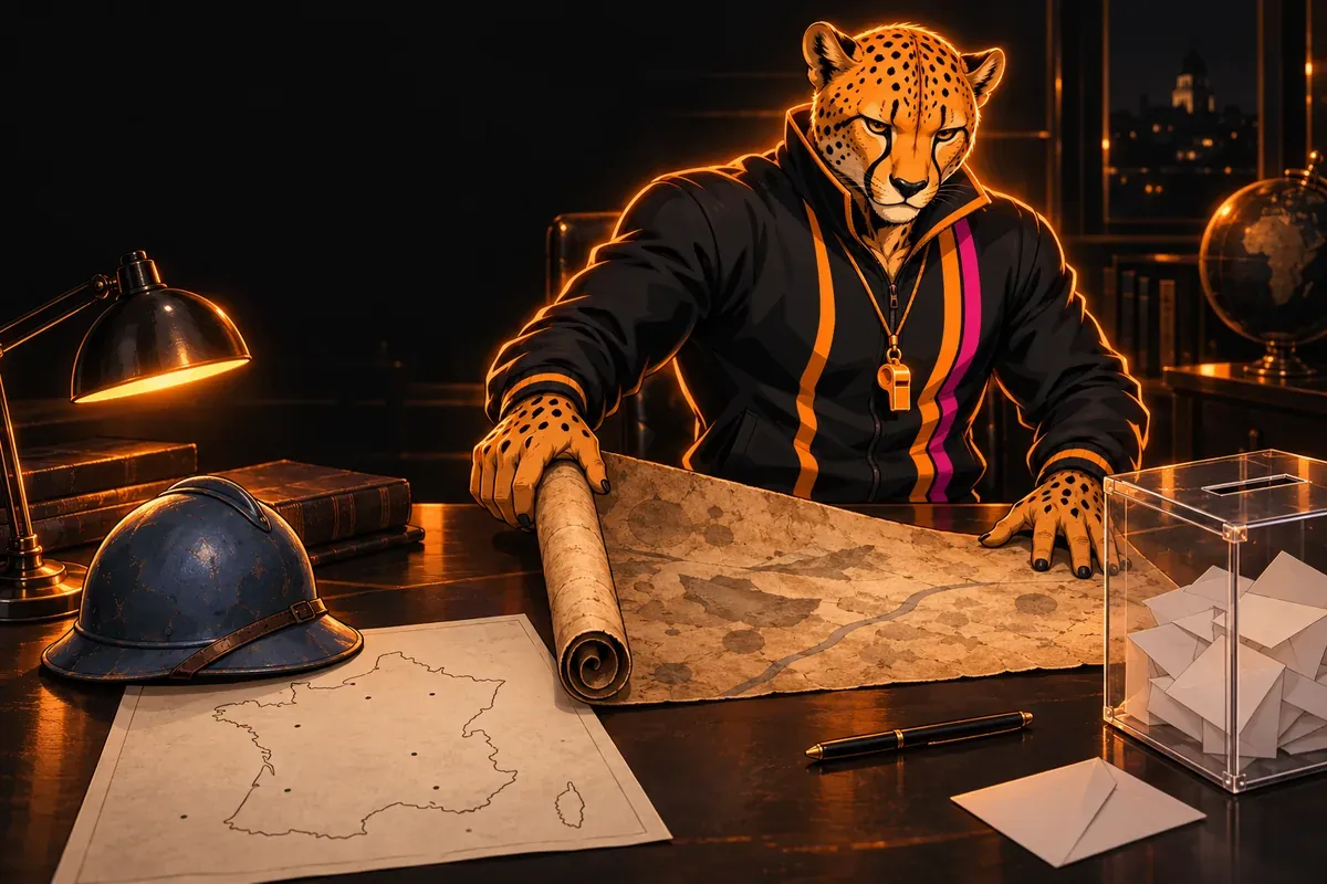 Coach Vince, la mascotte du QG 3e, déroule une affiche ancienne sur un bureau, près d’un casque bleu de soldat de 1914-1918, d’un fond de carte de la France et d’une urne transparente