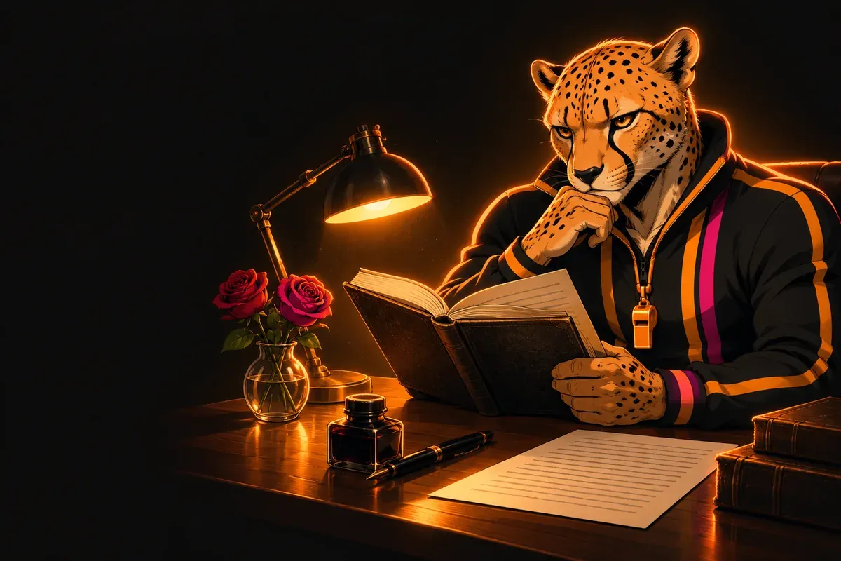 Coach Vince, la mascotte du QG 3e, lit un roman ancien sous une lampe de bureau, près d’un vase de roses, d’un encrier et d’une copie
