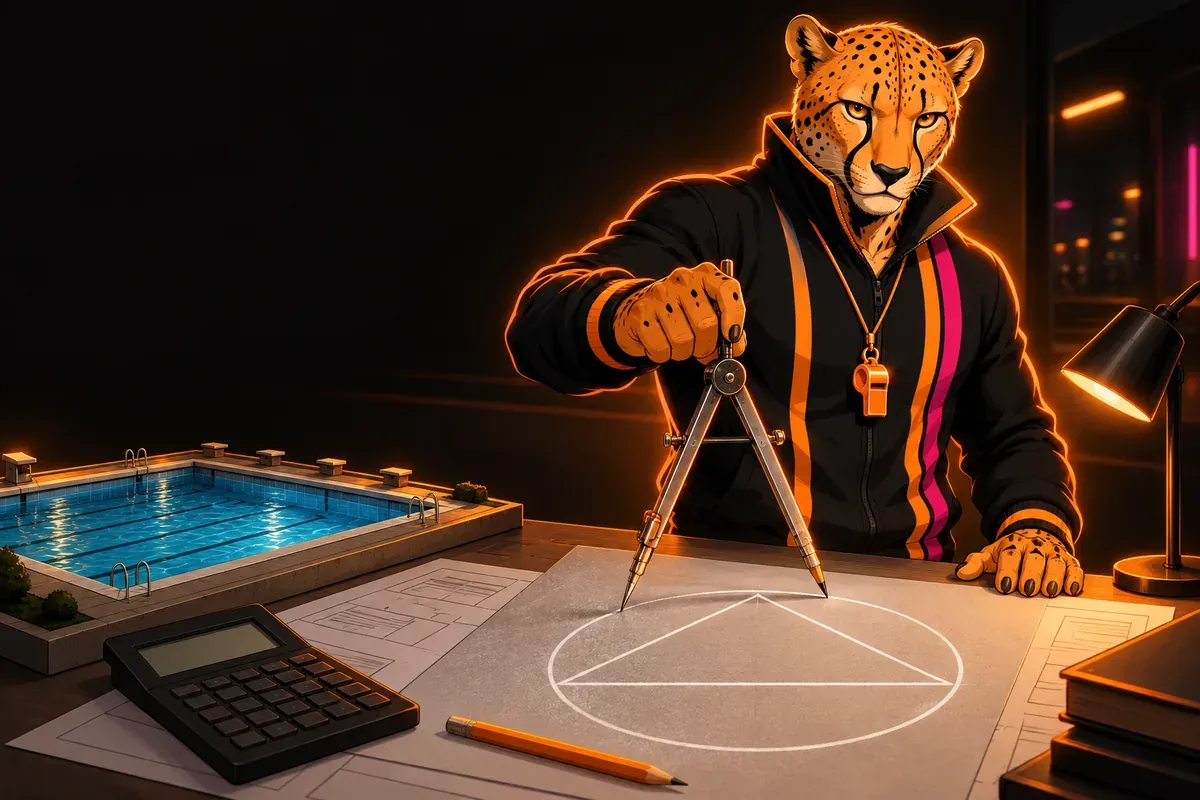 Coach Vince, la mascotte du QG 3e, pique un compas sur une feuille où un triangle est inscrit dans un cercle, près d’une calculatrice, d’un crayon et de la maquette d’une piscine