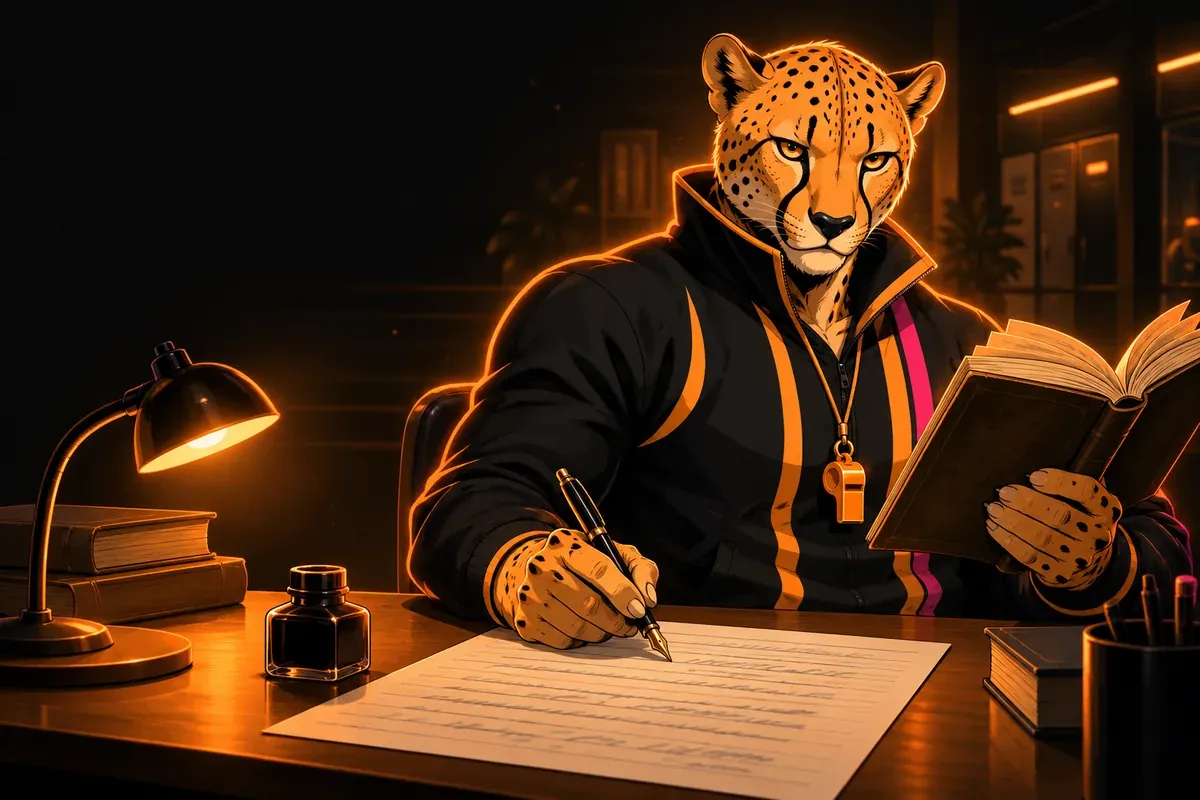 Coach Vince, la mascotte du QG 3e, écrit à la plume sur une copie en tenant un roman ouvert, sous une lampe de bureau