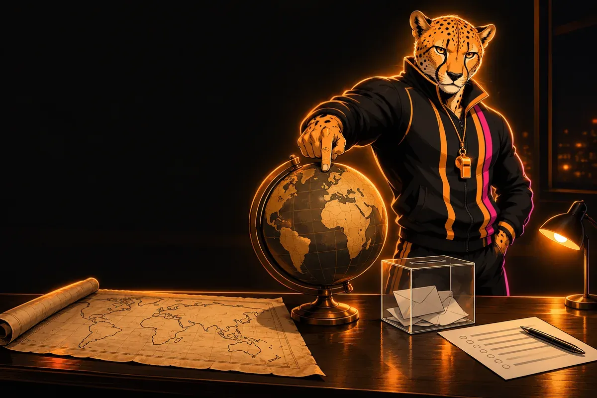 Coach Vince, la mascotte du QG 3e, pose la main sur un globe terrestre, près d’une carte ancienne, d’une urne transparente et d’une copie