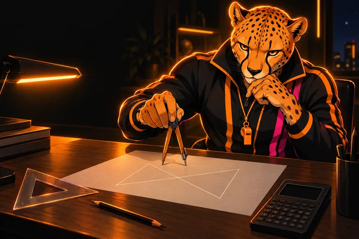 Coach Vince, la mascotte du QG 3e, trace une figure de géométrie au compas sur une copie, près d’une équerre et d’une calculatrice
