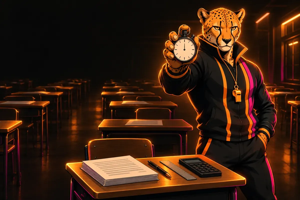Coach Vince, la mascotte guépard du QG 3e, tient un chronomètre dans une salle d'examen avant un brevet blanc