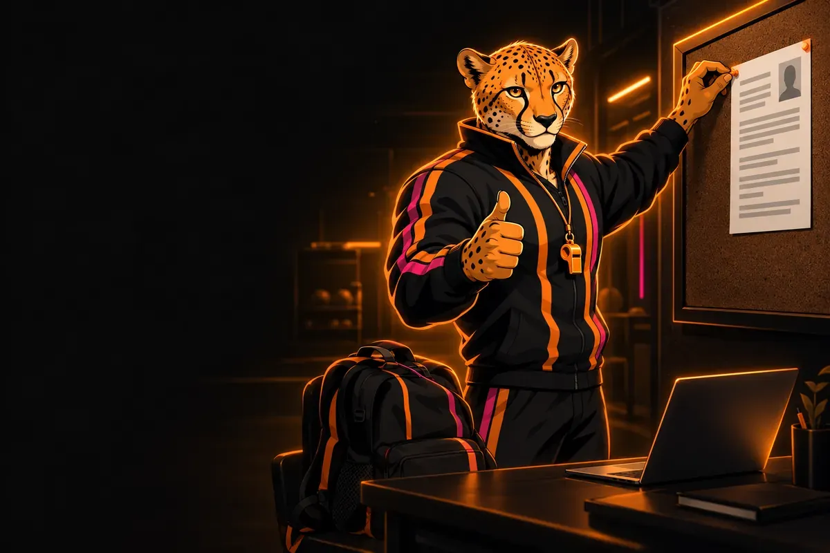 Coach Vince épingle un CV de stage de 3ᵉ sur un tableau de liège