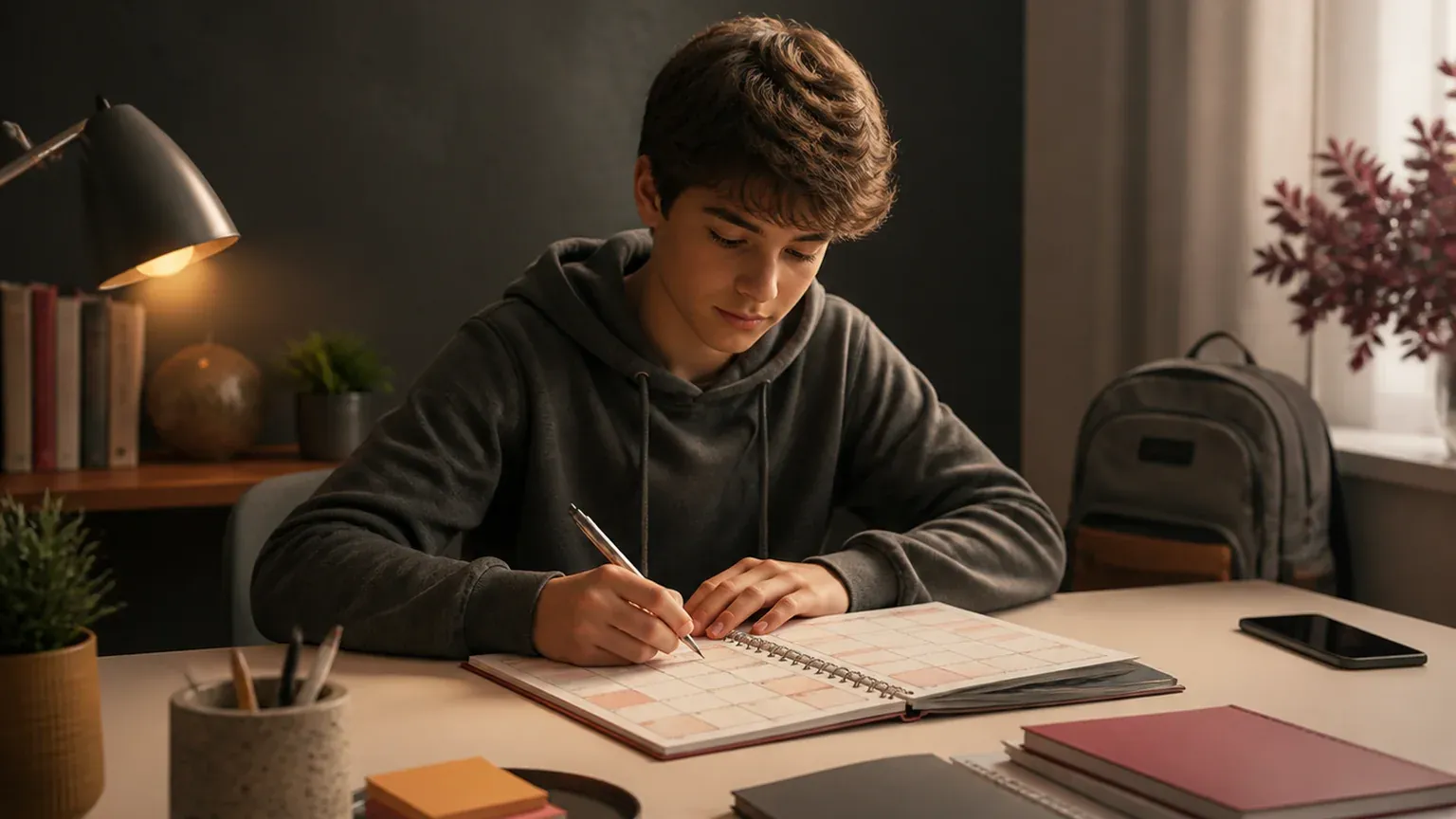 Élève de 3e organisant sa semaine avec un agenda et son sac de collège.
